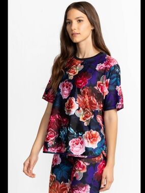 Johnny Was Bee Active Floral Top with Pink & Purple Accents Large